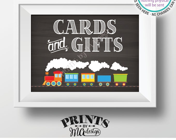 Train Birthday Card & Gifts Sign, Gifts and Cards Train Theme Birthday Gift Table Sign, Chalkboard Style PRINTABLE 5x7” Train Bday Sign <ID>