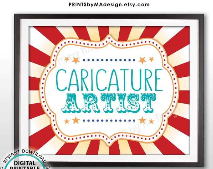 Caricature Artist Sign, Caricature Artist Carnival Theme Party Sign, Circus Party, Teal/Turquoise, PRINTABLE 8x10/16x20” Sign <ID>