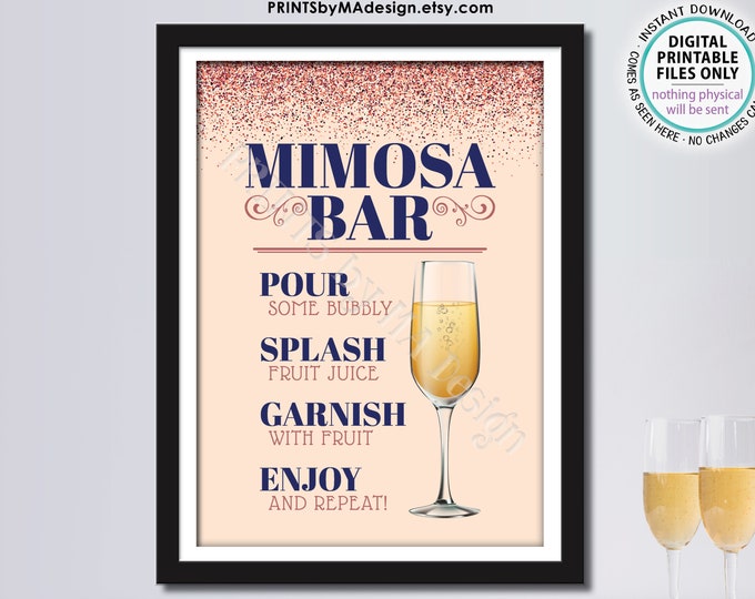 Mimosa Bar Sign, Make Your Own Mimosa Sign, PRINTABLE 5x7” Sign, Navy Blue &  Rose Gold Glitter <Instant Download>