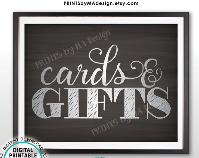 Cards & Gifts Sign, Wedding Shower Gift Table, Birthday Party, Anniversary Graduation, Silver, PRINTABLE 8.5x11” Chalkboard Style Sign <ID>