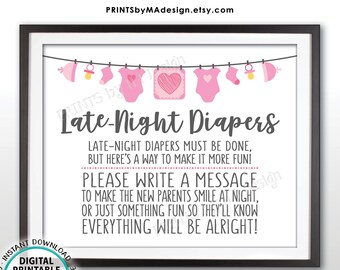 Late Night Diaper Sign, Late-Night Diapers Sign the Diaper Thoughts, It's a Girl, Pink PRINTABLE 8x10” Baby Shower Game Sign <ID>