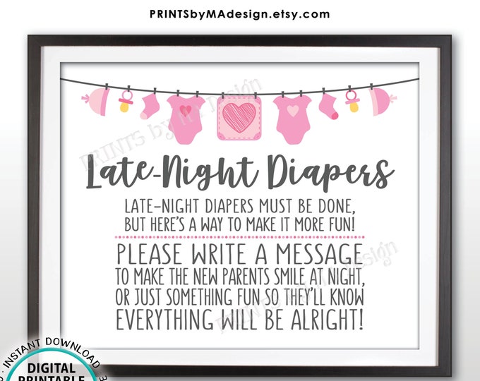 Late Night Diaper Sign, Late-Night Diapers Sign the Diaper Thoughts, It's a Girl, Pink PRINTABLE 8x10” Baby Shower Game Sign <ID>