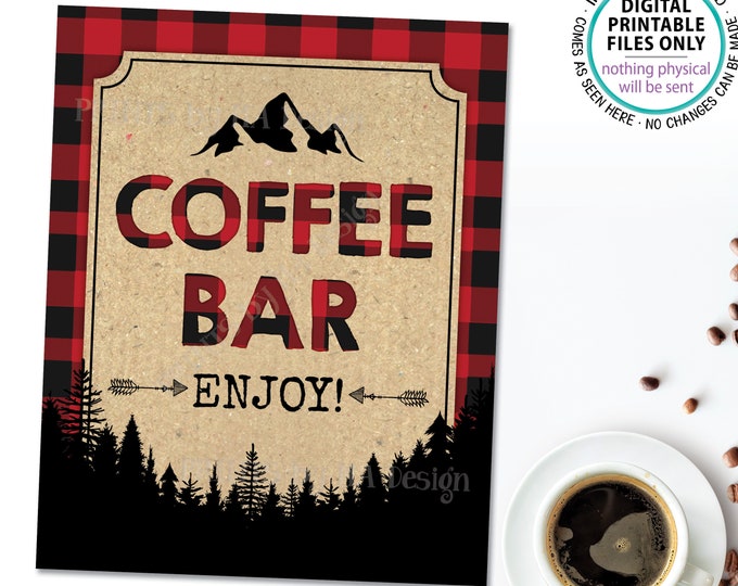 Lumberjack Coffee Bar Sign, PRINTABLE 8x10" Coffee Sign, Lumberjack Style Red Checker Buffalo Plaid <ID>