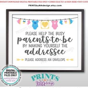 Baby-Dusche-Adresse ein Umschlag-Schild, Helfen Sie den werdenden Eltern, einen Umschlag zu adressieren, Neutrale Baby-Dusche-Dekoration, DRUCKBARE 20x10-Zoll-Schild <ID>