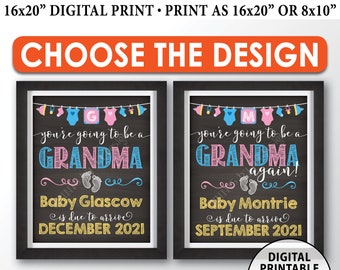 May include: Two digital print signs with black chalkboard backgrounds, featuring colorful baby clothes, footprints, and text announcing a pregnancy. The signs read 'you're going to be a GRANDMA' or 'you're going to be a GRANDMA again!' with dates.
