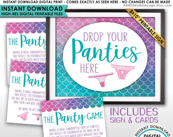 Mermaid Panty Game Cards, Guess the Panties Bachelorette Party Mermaid Bridal Shower Activity, PRINTABLE Watercolor Style Sign & Cards <ID>