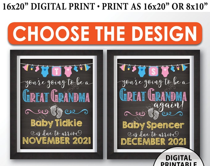 You're Going to be a Great Grandma Pregnancy Announcement Sign, Great Grandma Again, PRINTABLE 8x10/16x20” Chalkboard Style Sign