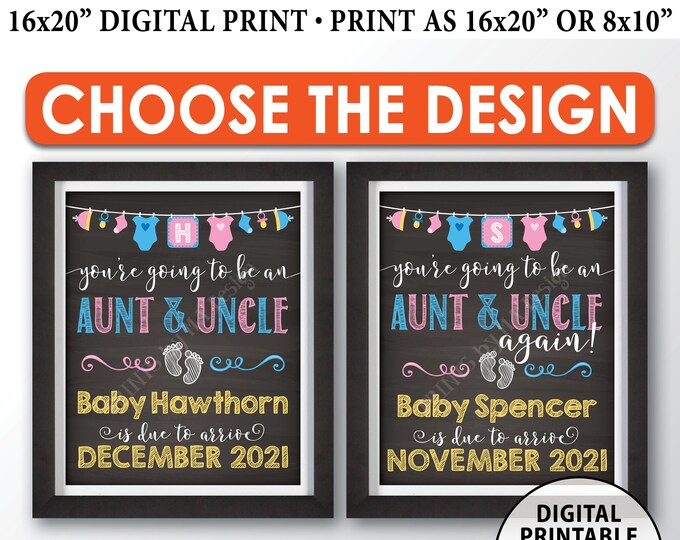 Going to be an Aunt and Uncle Pregnancy Announcement Sign, Aunt and Uncle Again, PRINTABLE 8x10/16x20” Chalkboard Style Sign