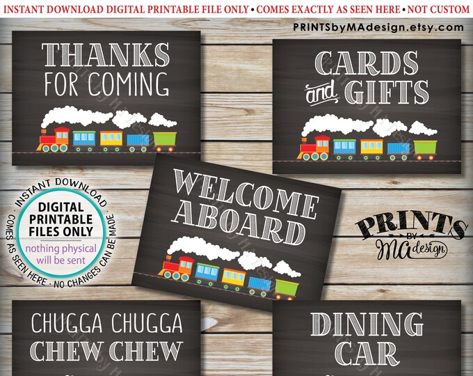 Train Birthday Signs, Train Theme Birthday, Thanks for Coming, Cards & Gifts, Aboard Chugga Dining Car, Five PRINTABLE 5x7” Train Signs <ID>