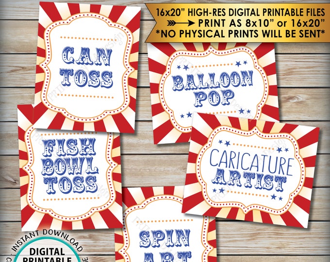 Carnival Games Signs, Carnival Theme Party, Can Toss Fish Bowl Balloon Pop Spin Art, Circus Theme PRINTABLE 8x10/16x20” Game Signs <ID>