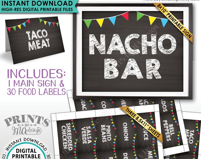 Nacho Bar Sign & Labels, Build Your Own Nachos Station Mexican Food Labels Fiesta, Chalkboard Style PRINTABLE Sign and Labels <ID>