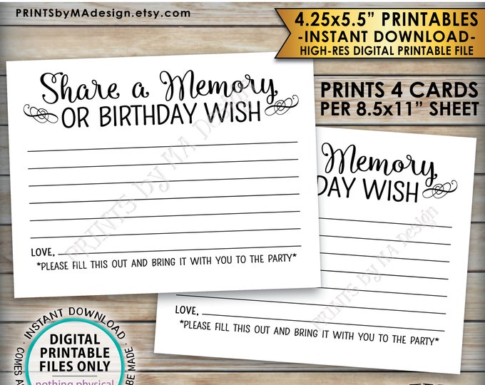 Share a Memory Card, Write a Memory or Birthday Wish Bday Activity, Bring to Party, Four 4.25x5.5" Cards per 8.5x11" PRINTABLE Sheet <ID>