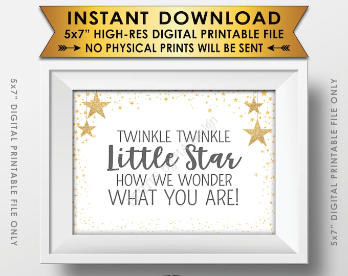 Twinkle Twinkle Little Star Baby Shower Decor Gray & Gold Glitter, How We Wonder What You Are Gender Reveal PRINTABLE 5x7” Stars Sign <ID>