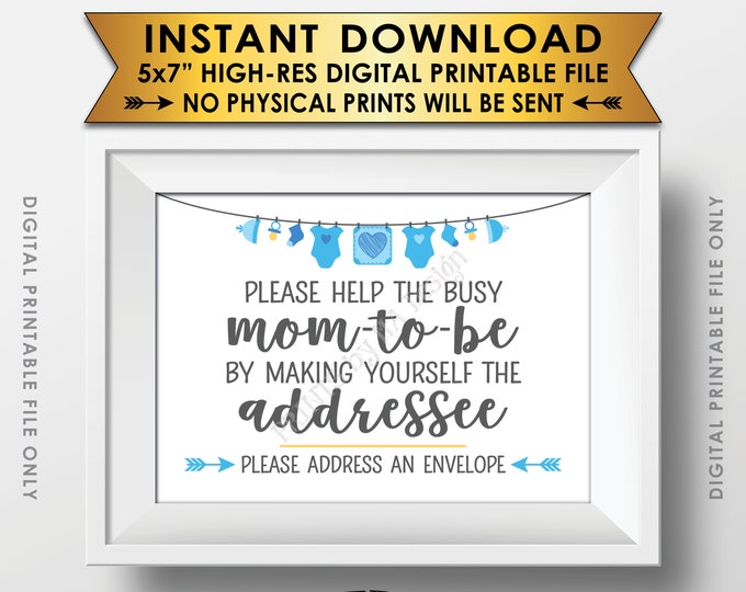 Baby Shower Address an Envelope Sign, Help the Mom-to-Be Address an Envelope Addressee, Blue Baby Shower Decor Boy, PRINTABLE 5x7” Sign <ID>