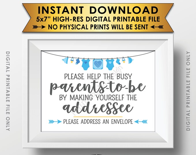Baby Shower Address an Envelope Sign, Help the Parents-to-Be Address an Envelope, Blue Baby Shower Decoration, Boy, PRINTABLE 5x7” Sign <ID>