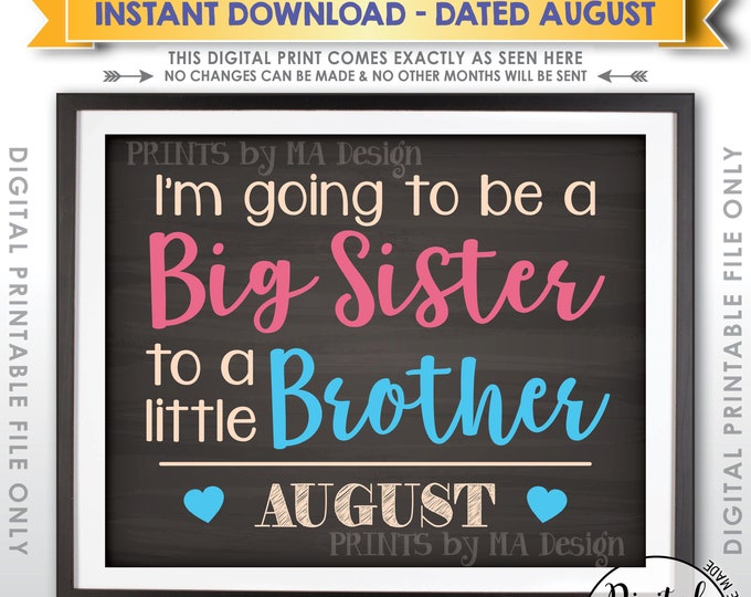 It's a Boy Gender Reveal Pregnancy Announcement, I'm Going to be a Big Sister to a Little Brother in AUGUST Chalkboard Style PRINTABLE <ID>