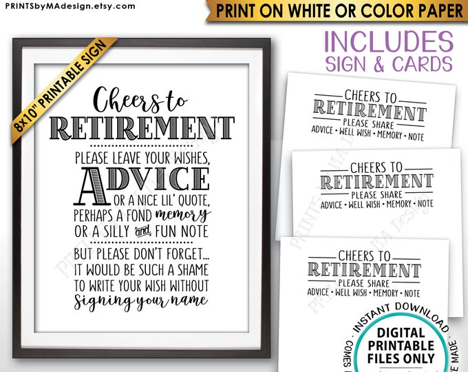 Retirement Party Decor, Cheers to Retirement Advice Wish Memory Well Wishes, Digital PRINTABLE 8x10" Sign & 8.5x11" Sheet of 3" Cards <ID>