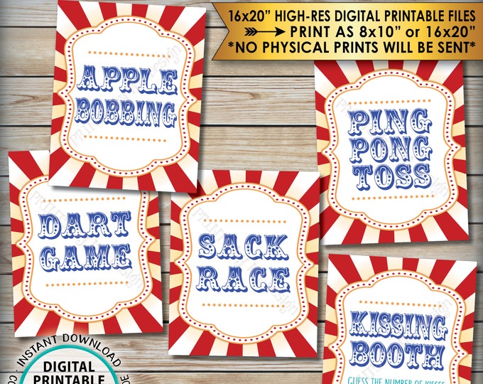 Carnival Games Signs, Carnival Theme Party, Kissing Apple Bobbing Sack Race Darts, PRINTABLE 8x10/16x20” Instant Download Circus Theme Party