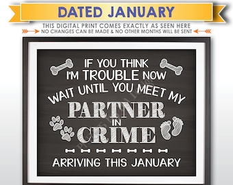 Pregnancy Announcement, Dog Partners in Crime, Meet My Partner in Crime in JANUARY Dated Chalkboard Style PRINTABLE Baby Reveal Sign <ID>