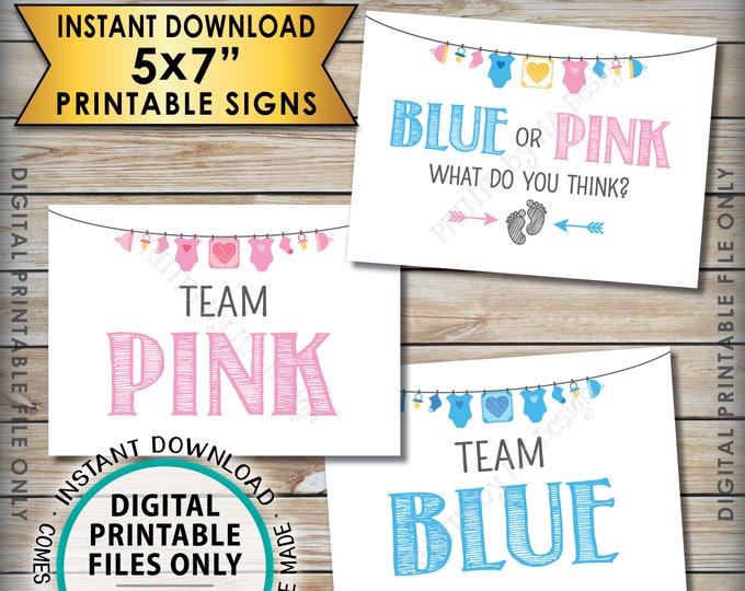 Gender Reveal Signs, Blue or Pink What Do You Think, Team Pink or Team Blue, Gender Reveal Teams, Three PRINTABLE 5x7” Instant Downloads