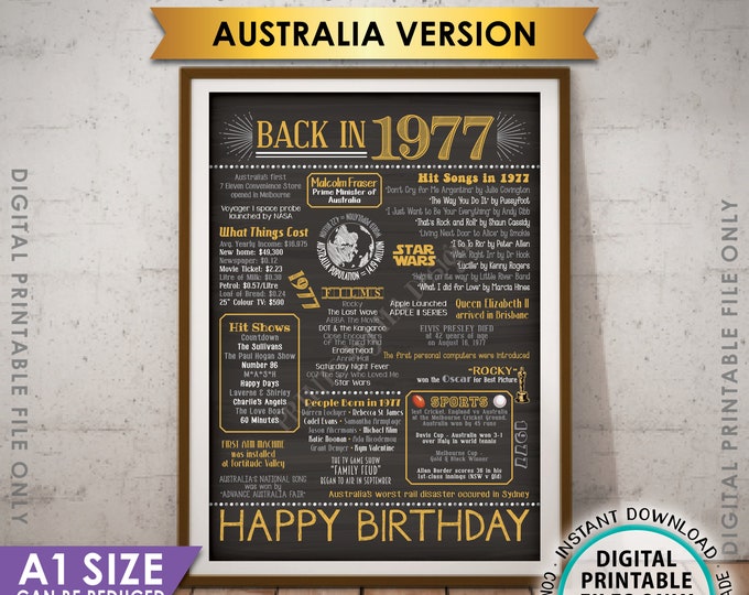 1977 Flashback Poster, AUSTRALIA Back in 1977, Born in 1977 Aussie Birthday Party Decor, Gold, PRINTABLE A1 Size Poster