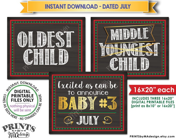 3rd Baby Pregnancy Announcement, Christmas Themed, Oldest Middle Youngest, JULY Dated Chalkboard Style PRINTABLE Baby #3 Reveal Signs <ID>