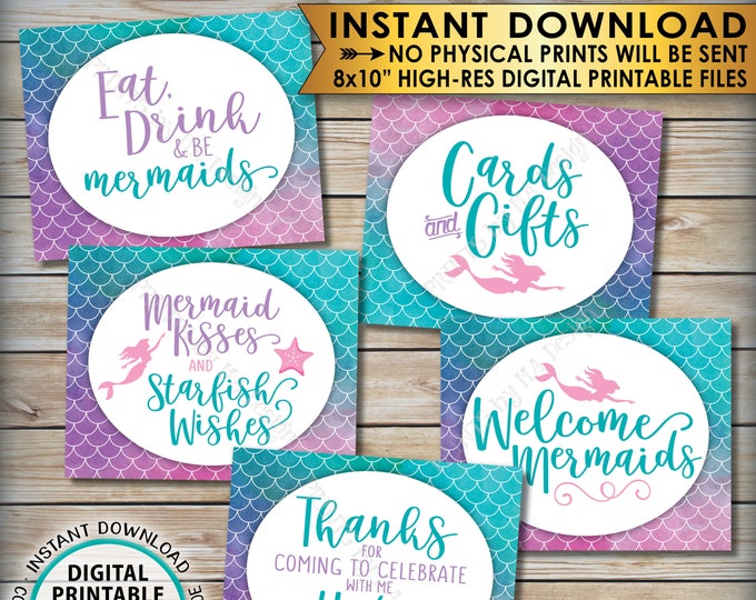 Mermaid Party Signs, Cards & Gifts Mermaid Birthday Party Bundle, Mermaids Tail, Five PRINTABLE 8x10” Watercolor Style Signs <ID>