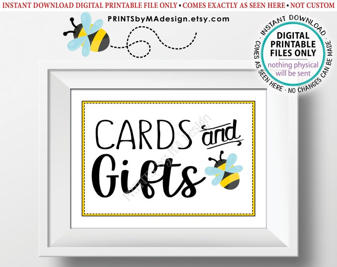 Cards and Gifts Sign, Bee Baby Shower, Birthday Party, Happy BEEday, Gifts Table, Gifts and Cards Sign, Bee Theme PRINTABLE 5x7” Sign <ID>