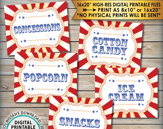 Carnival Food Signs, Food Carnival Theme Party, Snacks, Cotton Candy, Ice Cream, Circus Theme Party, PRINTABLE 8x10/16x20” Instant Downloads