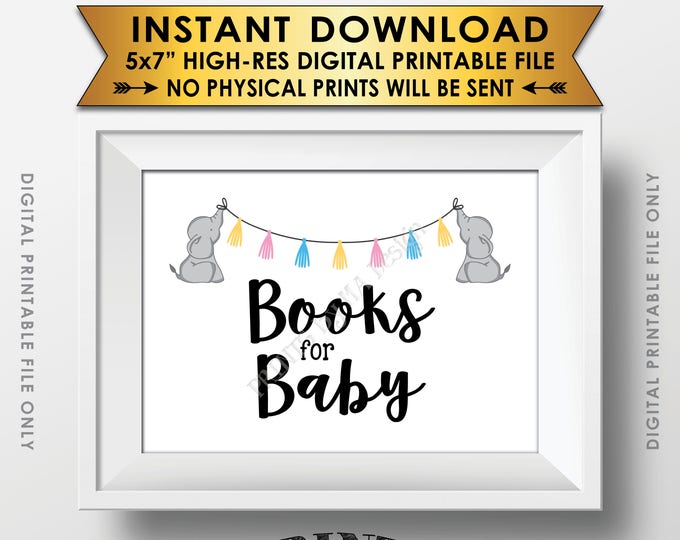 Books for Baby Shower Sign, Books Sign, Elephant Themed Baby Shower Decor, Elephant Baby Shower Books Sign, PRINTABLE 5x7” Books Sign <ID>