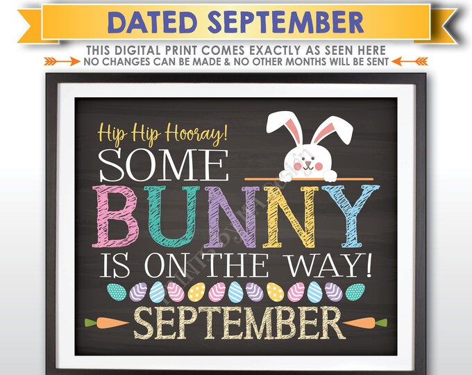 Easter Pregnancy Announcement, Some Bunny is on the Way in SEPTEMBER dated PRINTABLE Chalkboard Style Baby Reveal Sign <ID>