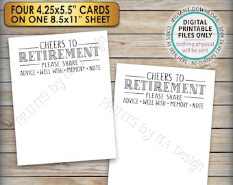 Cheers to Retirement Party Cards, Retirement Wishes, Retirement Party Activity, Four 4.25x5.5" Cards on PRINTABLE 8.5x11" Sheet <ID>