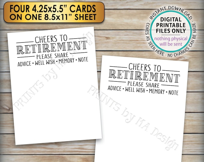 Cheers to Retirement Party Cards, Retirement Wishes, Retirement Party Activity, Four 4.25x5.5" Cards on PRINTABLE 8.5x11" Sheet <ID>