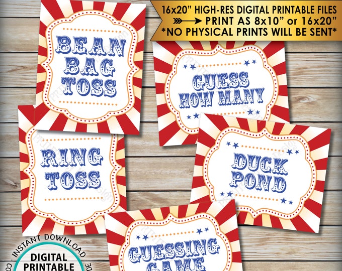 Carnival Games Signs, Carnival Theme Party, Bean Bag Toss, Ring Toss, Duck Pond, Guess, Circus Theme Party, PRINTABLE 8x10/16x20” Signs <ID>