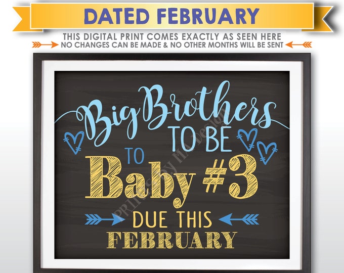 Baby #3 Pregnancy Announcement, Big Brothers to 3rd Child, Baby Number 3 due FEBRUARY Dated Chalkboard Style PRINTABLE Baby Reveal Sign <ID>