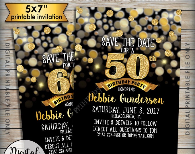 Birthday Party Save the Date, Birthday Save the Date, 30th 40th 50th 60th 70th Birthday STD, Black & Gold Glitter 5x7" Printable File