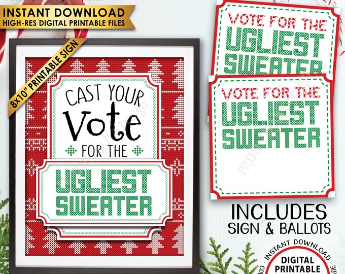 Ugly Sweater Party Voting Sign and Ballots, Vote for the Ugliest Christmas Sweater Party, Tacky, Tackiest, PRINTABLE Sign and Ballots <ID>