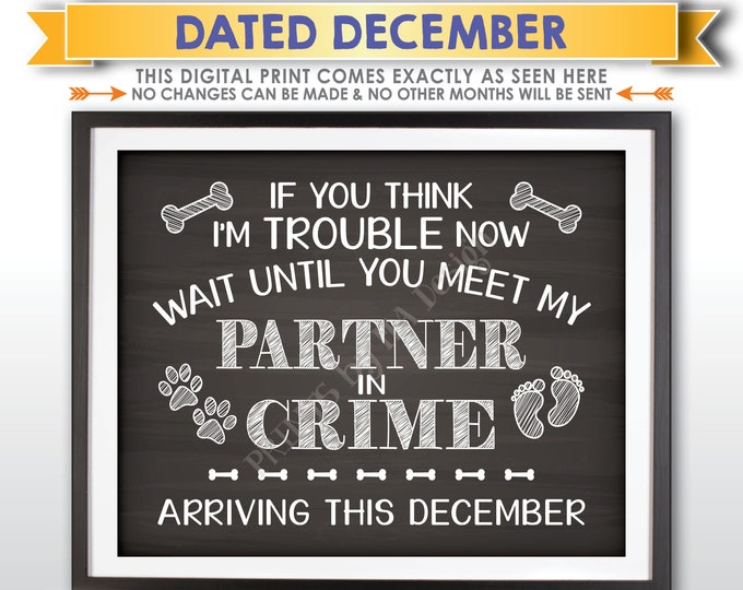 Dog Pregnancy Announcement Sign, Meet My Partner in Crime in DECEMBER Dated Chalkboard Style PRINTABLE Baby Reveal Sign <ID>