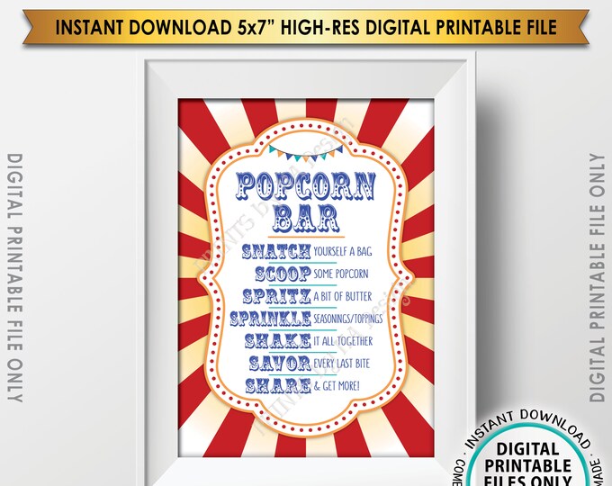 Popcorn Bar Sign, Carnival Themed Popcorn Bar Directions, Carnival Birthday Circus, Instant Download PRINTABLE 5x7” Carnival Popcorn Sign