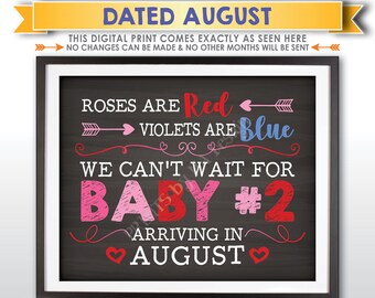 Valentine's Day Pregnancy Announcement, Roses are Red Violets are Blue Baby #2 is Due in AUGUST Dated Chalkboard Style PRINTABLE Sign <ID>