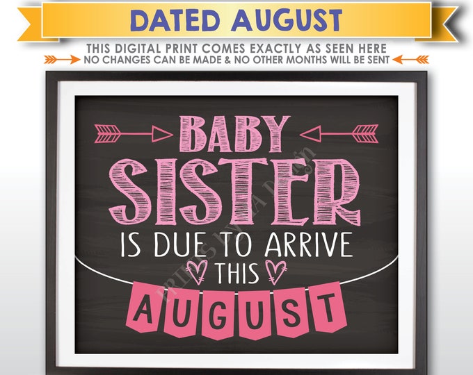 It's a Girl Gender Reveal Pregnancy Announcement, Baby Sister is due in AUGUST Dated Chalkboard Style PRINTABLE Pink Reveal Sign <ID>