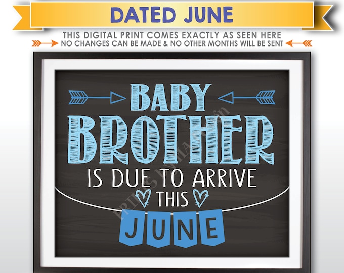It's a Boy Gender Reveal Pregnancy Announcement, Baby Brother is due in JUNE Dated Chalkboard Style PRINTABLE Blue Reveal Sign <ID>