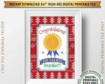 Ugly Christmas Sweater Voting Award 1st Place Ugliest Sweater Sign Ugly Sweater Party Christmas Party, PRINTABLE 5x7" Instant Download Award