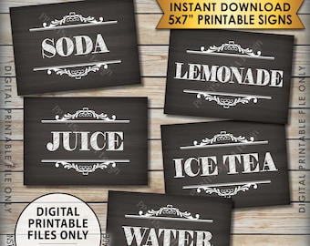 Beverage Station Soft Drink Signs, Soda Juice Lemonade Tea, Wedding Shower, Graduation, PRINTABLE 5x7” Chalkboard Style Beverage Signs <ID>