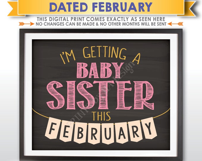 It's a Girl Gender Reveal Pregnancy Announcement, I'm Getting a Baby Sister in FEBRUARY Dated Chalkboard Style PRINTABLE Reveal Sign <ID>
