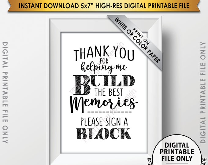 Sign a Block Sign, Thank You for Helping Me Build Memories, Graduation Party, Retirement Party, Birthday, Bon Voyage, PRINTABLE 5x7” <ID>