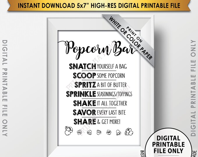 Popcorn Bar Sign, Popcorn Toppings, Popcorn Bar Directions, Wedding, Retirement, Birthday, Instant Download PRINTABLE 5x7” Popcorn Sign