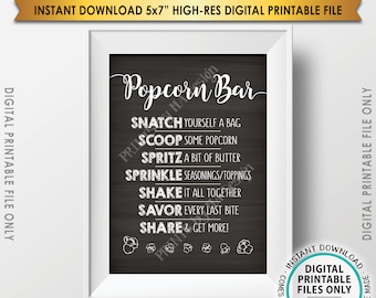 Popcorn Bar Sign, Popcorn Toppings, Popcorn Bar Directions, Wedding, Retirement, Birthday, Chalkboard Style PRINTABLE 5x7” Instant Download