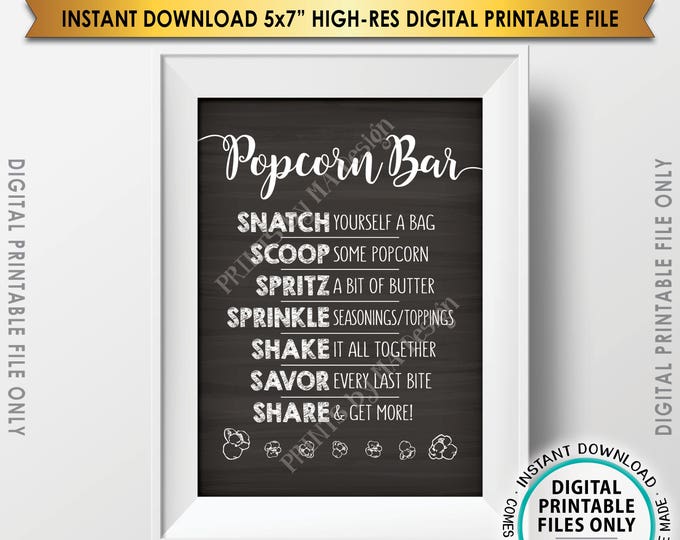 Popcorn Bar Sign, Popcorn Toppings, Popcorn Bar Directions, Wedding, Retirement, Birthday, Chalkboard Style PRINTABLE 5x7” Instant Download