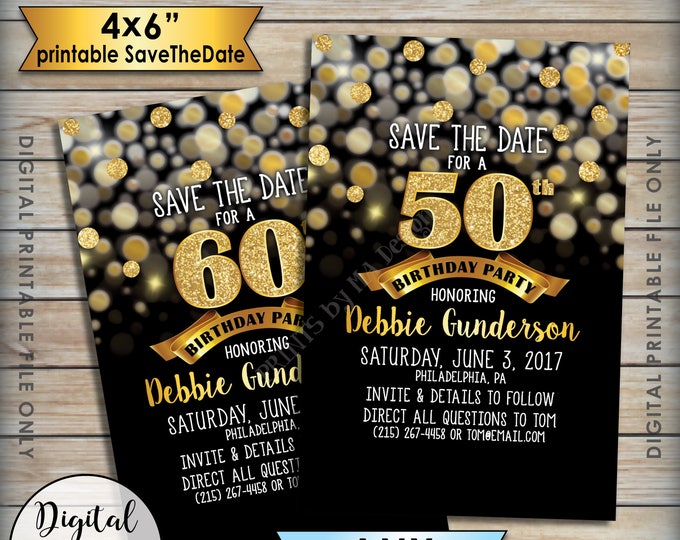 Birthday Party Save the Date, Birthday Save the Date, STD, 30th 40th 50th 60th 70th B-day, Black & Gold Glitter Digital PRINTABLE 4x6" File